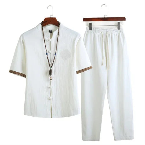 Mens Linen Sets 2023 Summer Men Streetwear Jogger Shirts+Long Pants Male Chinese Style 2 Pieces Hanfu Tracksuit Tang Suit 5Xl