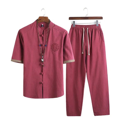 Mens Linen Sets 2023 Summer Men Streetwear Jogger Shirts+Long Pants Male Chinese Style 2 Pieces Hanfu Tracksuit Tang Suit 5Xl