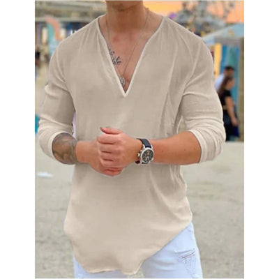 2024 new men's linen long sleeve T-shirt Breathable shirt solid color casual basic cotton linen shirt top