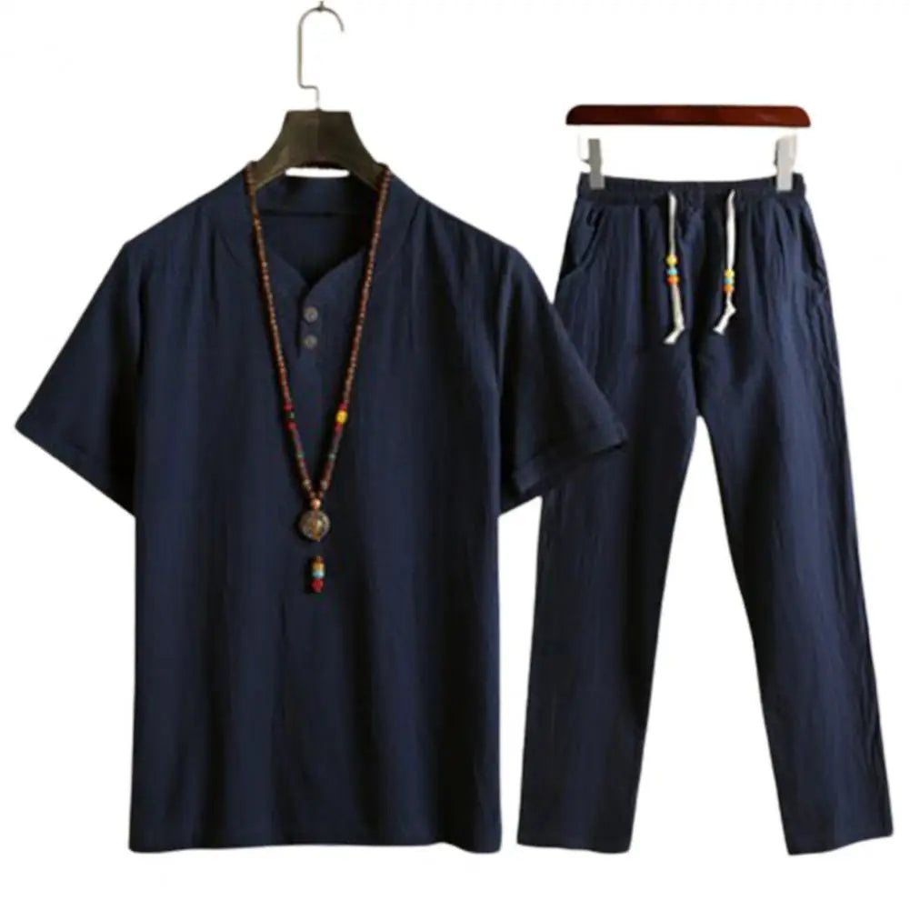 Summer Fashion Men Shirts Trousers Set Cotton And Linen Shirts Short Sleeve Men's Casual Top Pants Men Outfit M-4XL