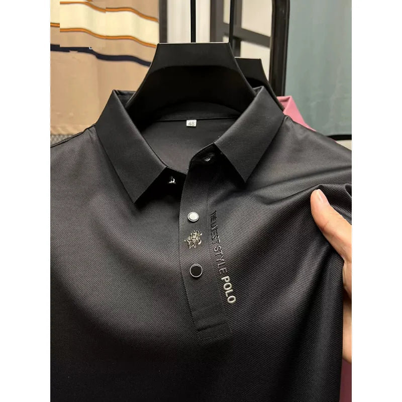 High-end Brand New Summer Solid Color High Quality Short Sleeve Polo Men's Fashion Business Casual Traceless Casual Printing