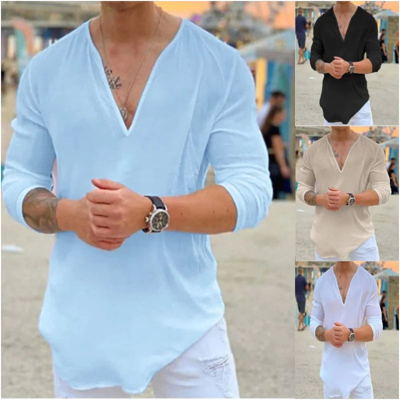 2024 new men's linen long sleeve T-shirt Breathable shirt solid color casual basic cotton linen shirt top