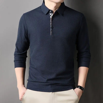Spring Autumn Men's Loose Long Sleeve Polo Shirt Casual Lapel Plaid Business Collar T Shirt Tops
