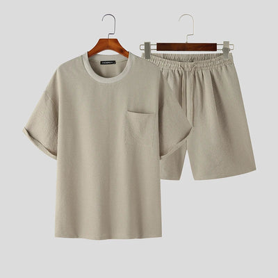 INCERUN Men Sets Solid Color Loose O-neck Short Sleeve T Shirt & Drawstring Shorts 2PCS Streetwear 2024 Men's Casual Suits S-5XL