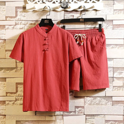 New Arrival Men's Cotton and Linen Short Sleeve T-shirt+Shorts 2PC Set Solid Shirt+Shorts Home Suits Male M-5XL 7006
