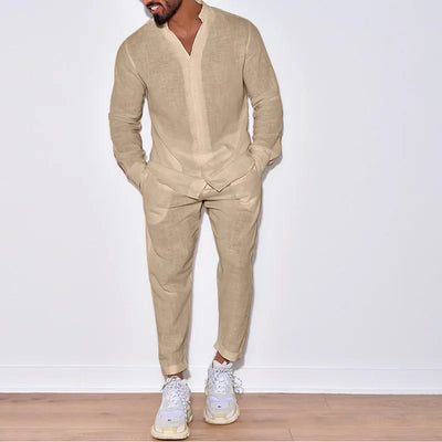Mens Sets Linen Spring Autumn Leisure Suit Long Sleeve Shirts and Trousers Two Piece Sets Fashion Men Clothing Wholesale