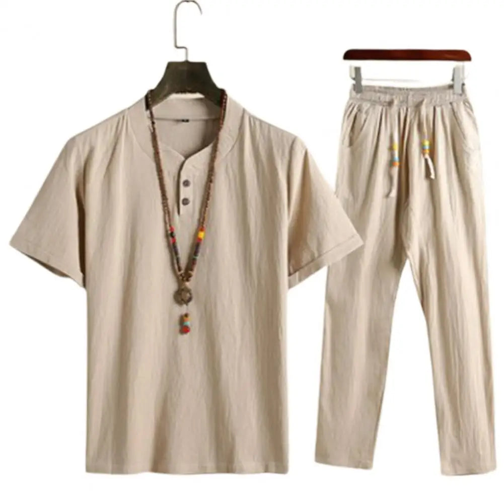 Summer Fashion Men Shirts Trousers Set Cotton And Linen Shirts Short Sleeve Men's Casual Top Pants Men Outfit M-4XL