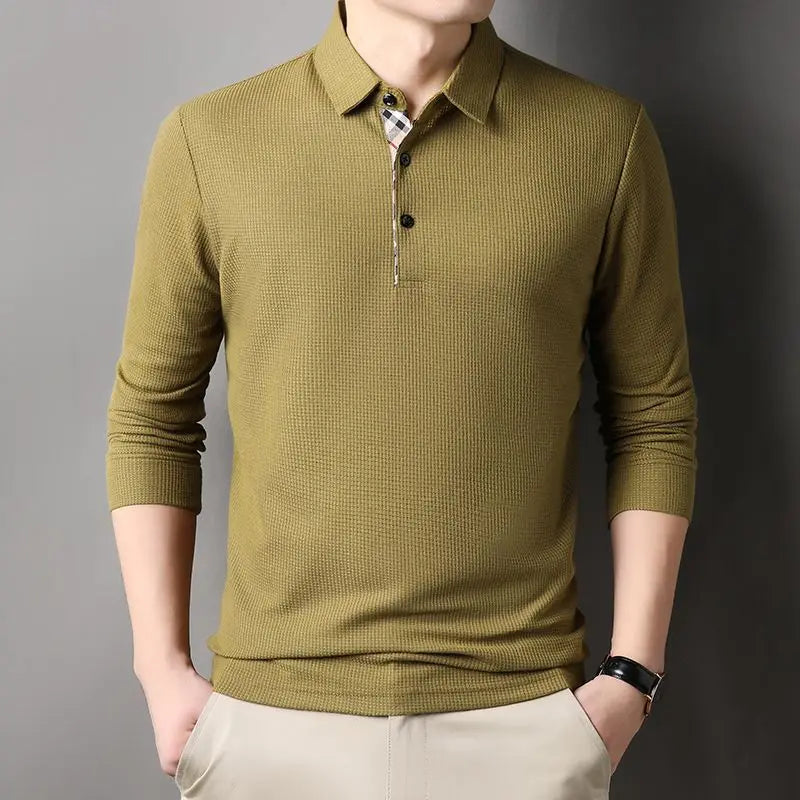 Spring Autumn Men's Loose Long Sleeve Polo Shirt Casual Lapel Plaid Business Collar T Shirt Tops