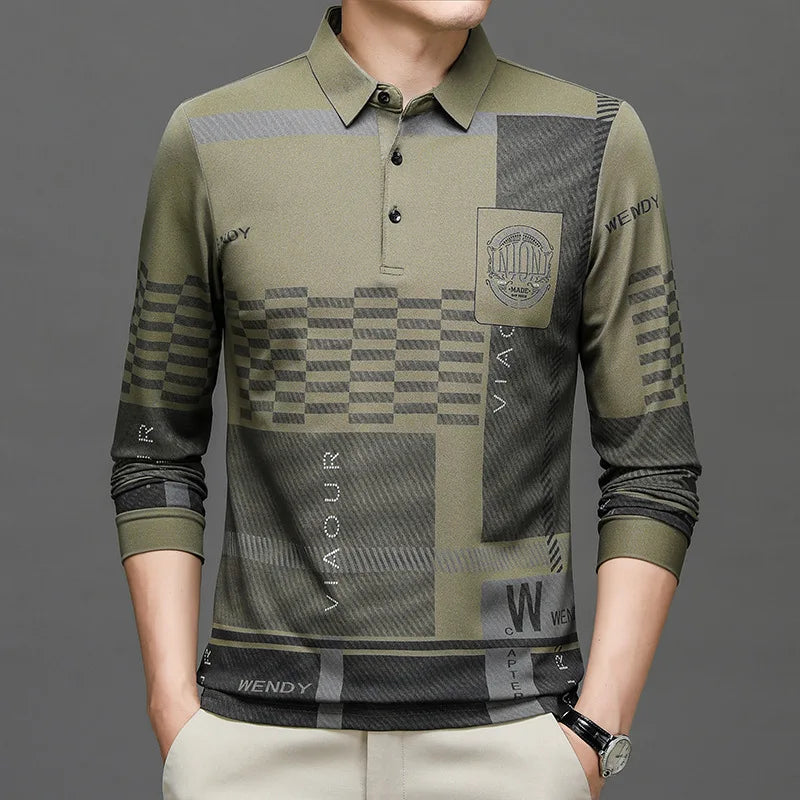 Autumn and Winter Men's Luxury Letter Printed Long Sleeve Polo Shirt Male Pullover Casual Turn-down Collar T Shirt Tops
