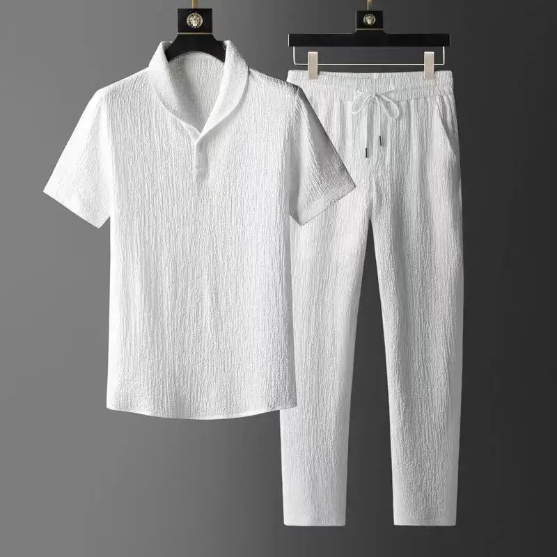 New Suit Men's Spring Summer Short Sleeve High-end Casual Suit Korean Slim Handsome Two-piece Set Drawstring Pants Blazer Pant