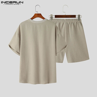 INCERUN Men Sets Solid Color Loose O-neck Short Sleeve T Shirt & Drawstring Shorts 2PCS Streetwear 2024 Men's Casual Suits S-5XL