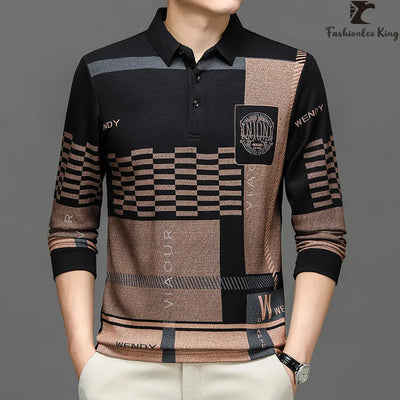 Autumn and Winter Men's Luxury Letter Printed Long Sleeve Polo Shirt Male Pullover Casual Turn-down Collar T Shirt Tops
